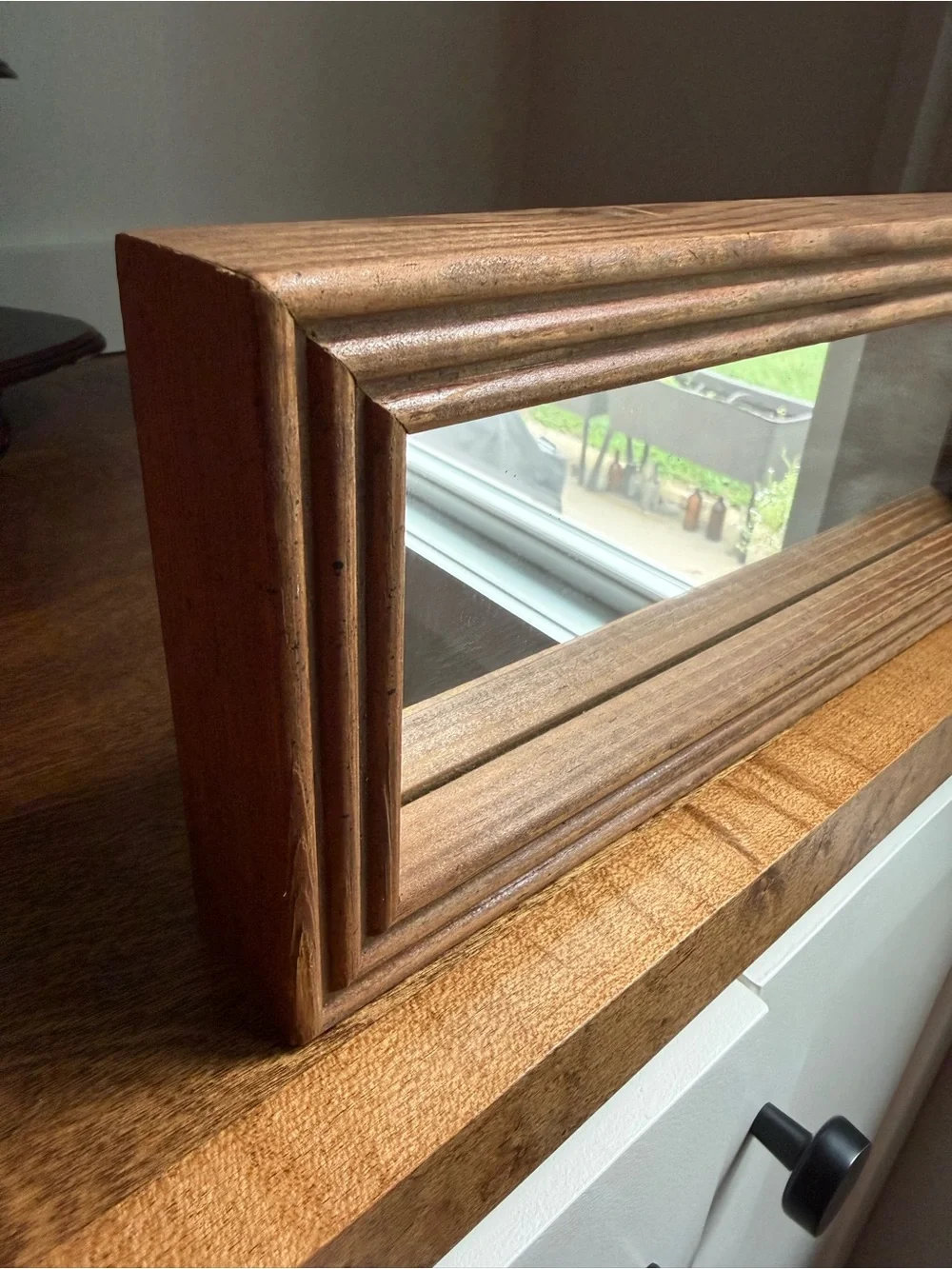 Vintage MCM Narrow Rectangular Accent Mirror, Brown Wood Frame